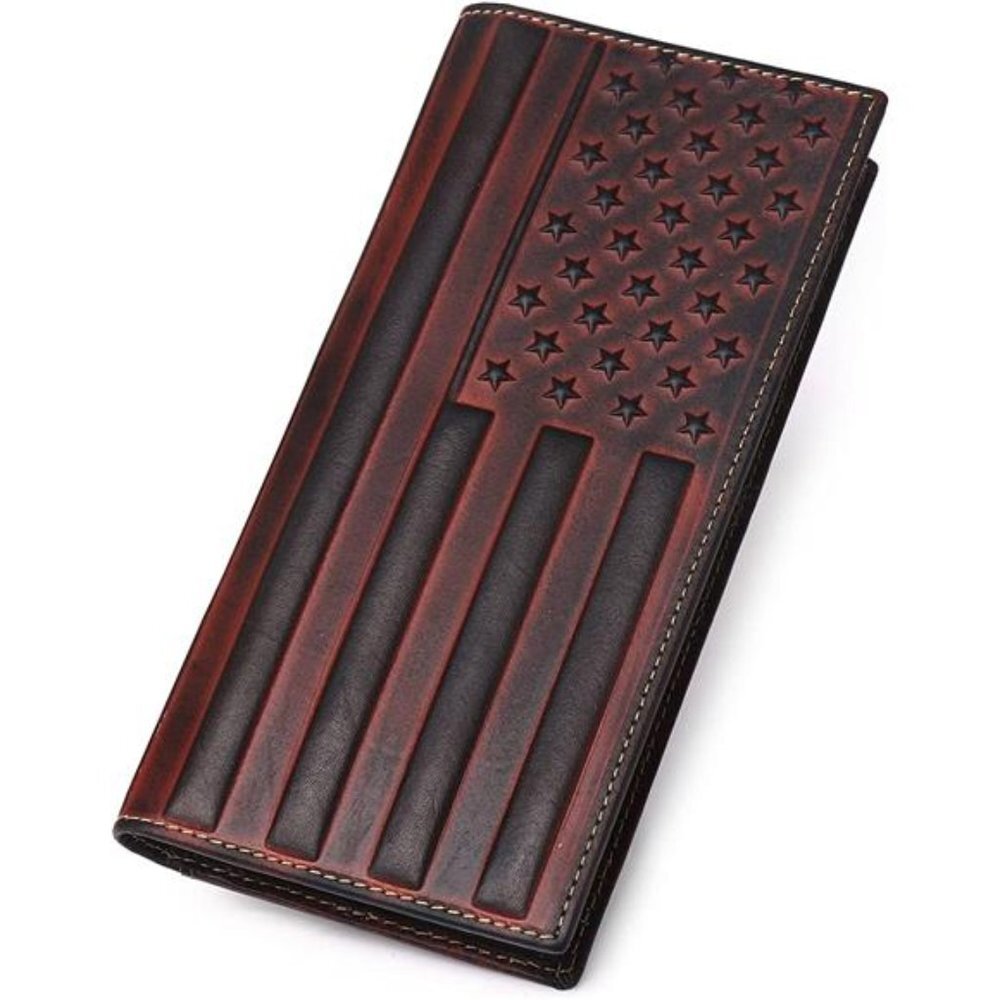 Mens Wallet Long with US Flag, Men's Wallet Leather Bi folding wallet